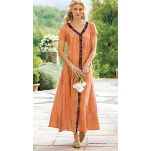 Soft Surroundings Sunset Bali Maxi Dress VNeck Tropical Orange Tie Dye Large NWT